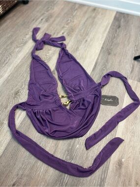 SolyHux Purple Y2K Halter Top Womens Small Plunge Tie Back Gold Hardware NWT